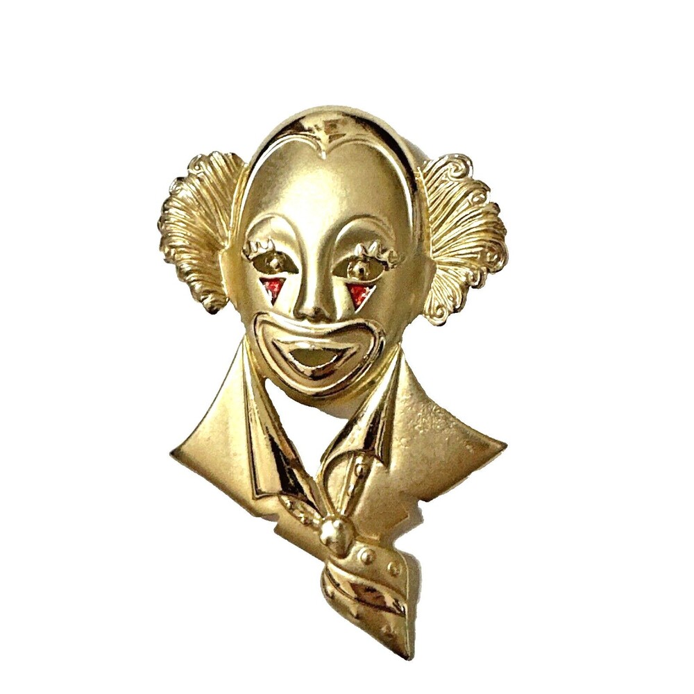 EnVIE Circus Clown Brooch Vintage 1980s Satin Glossy Gold Tone Pin NWOT NOS